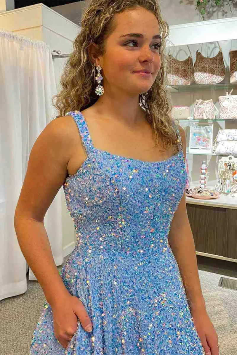 A-Line Purple Sequin Prom Dresses Square Neck Backless Long Formal Dresses