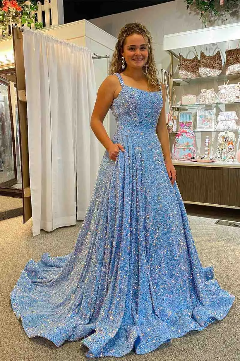 A-Line Purple Sequin Prom Dresses Square Neck Backless Long Formal Dresses