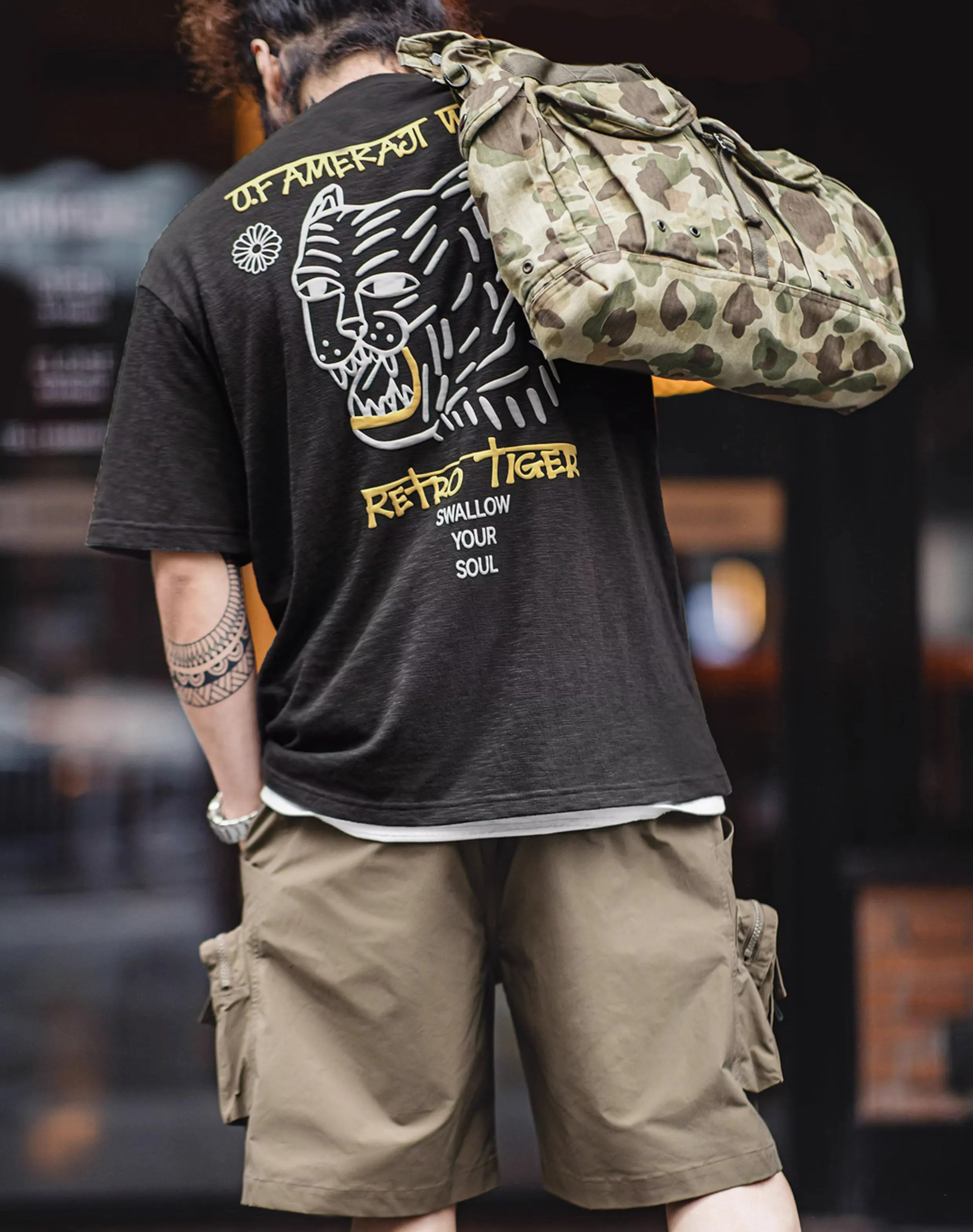 American Casual Tiger Embossed Printing Breathable Men's T-Shirt