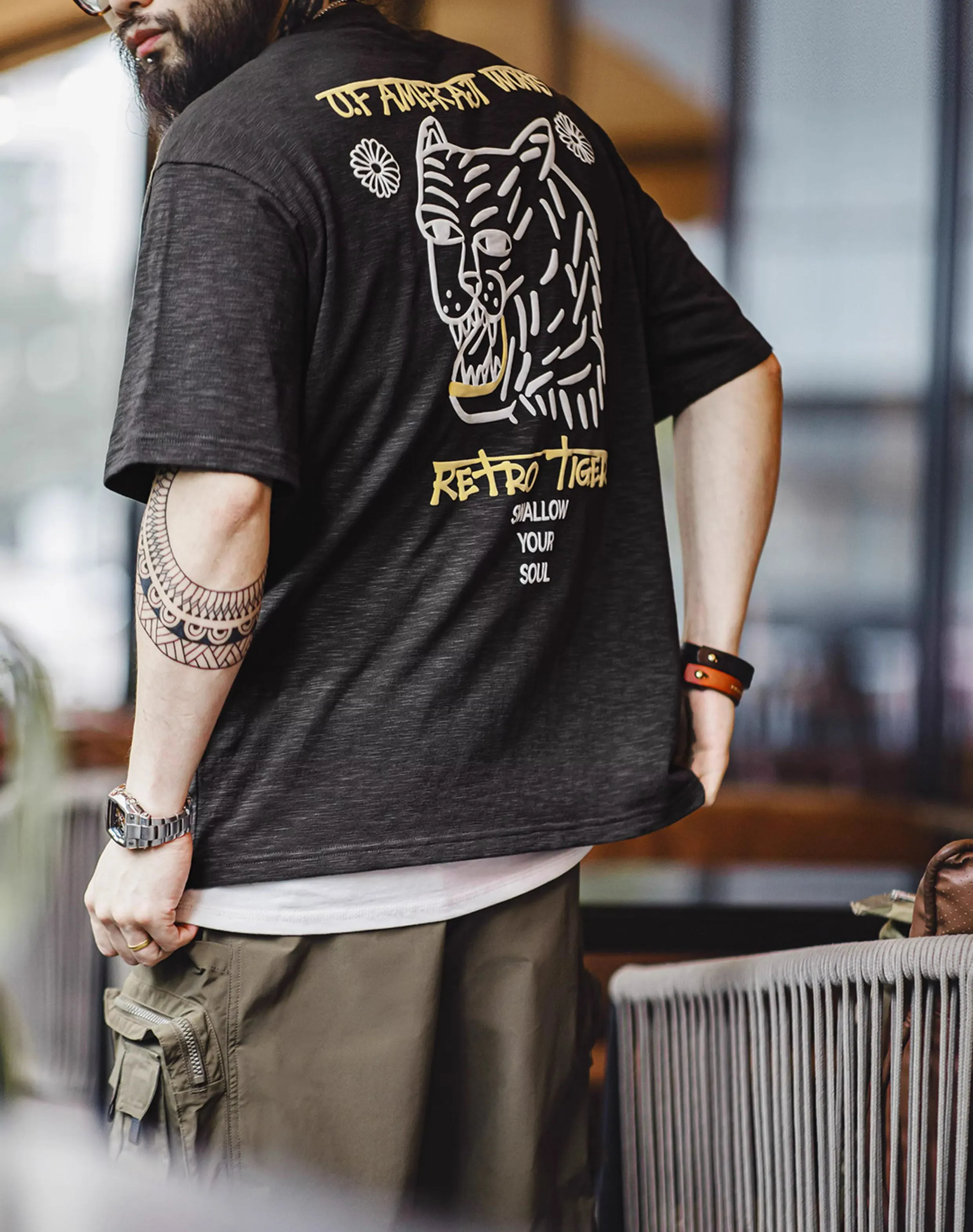 American Casual Tiger Embossed Printing Breathable Men's T-Shirt