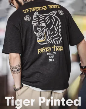 American Casual Tiger Embossed Printing Breathable Men's T-Shirt