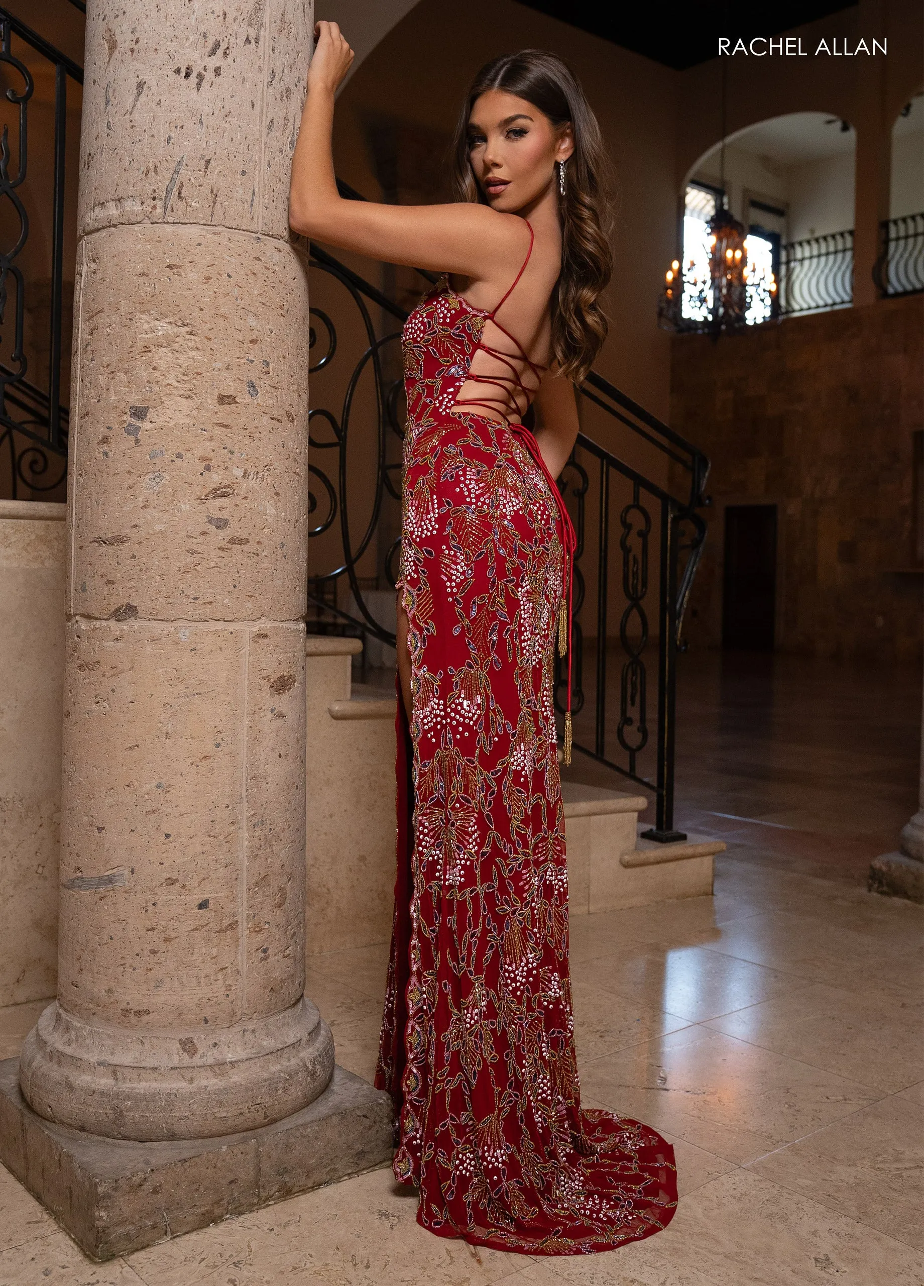 Beaded Lace-Up Back Slit Gown by Rachel Allan 70831