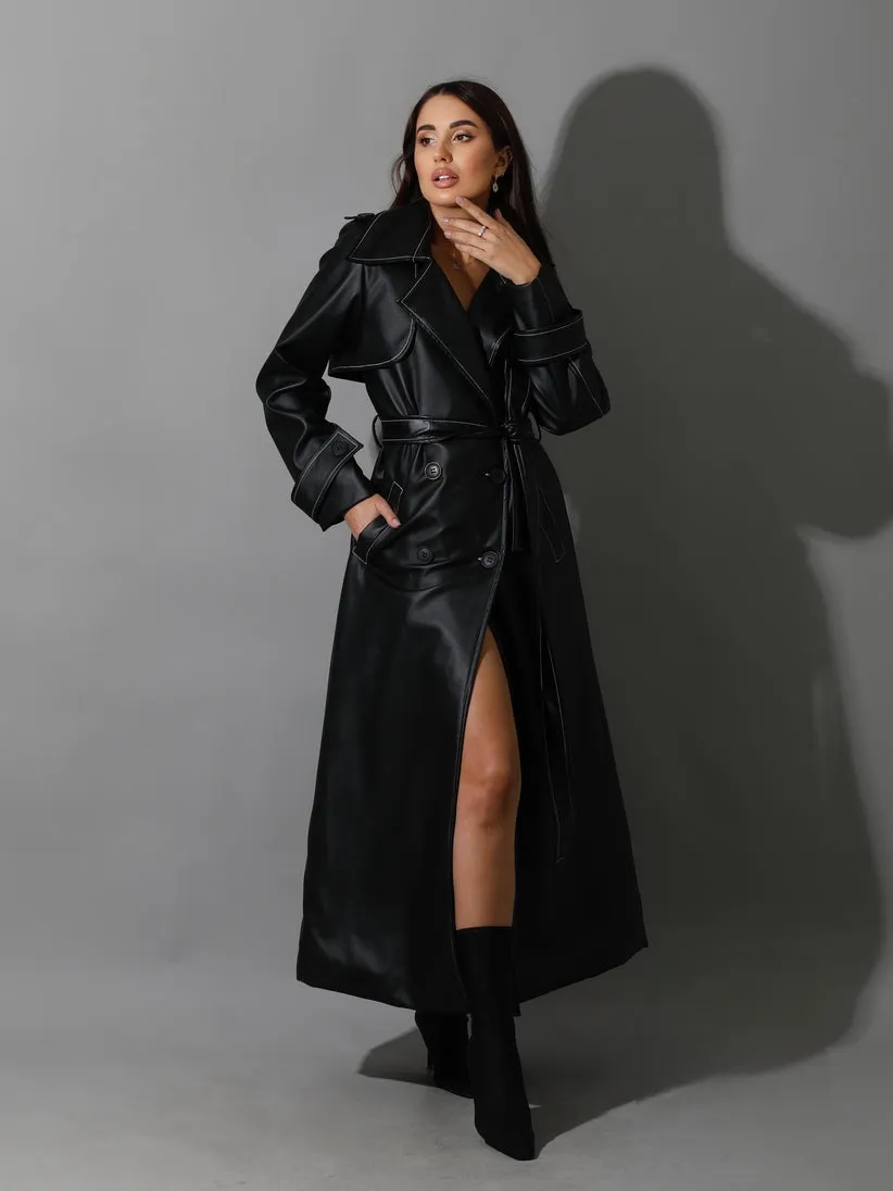 Black Leather Trench Coat With White Stitch -