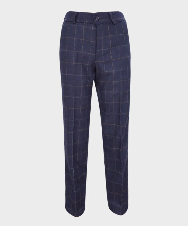 Boys Shelby Windowpane Check Navy Trousers - Navy Blue