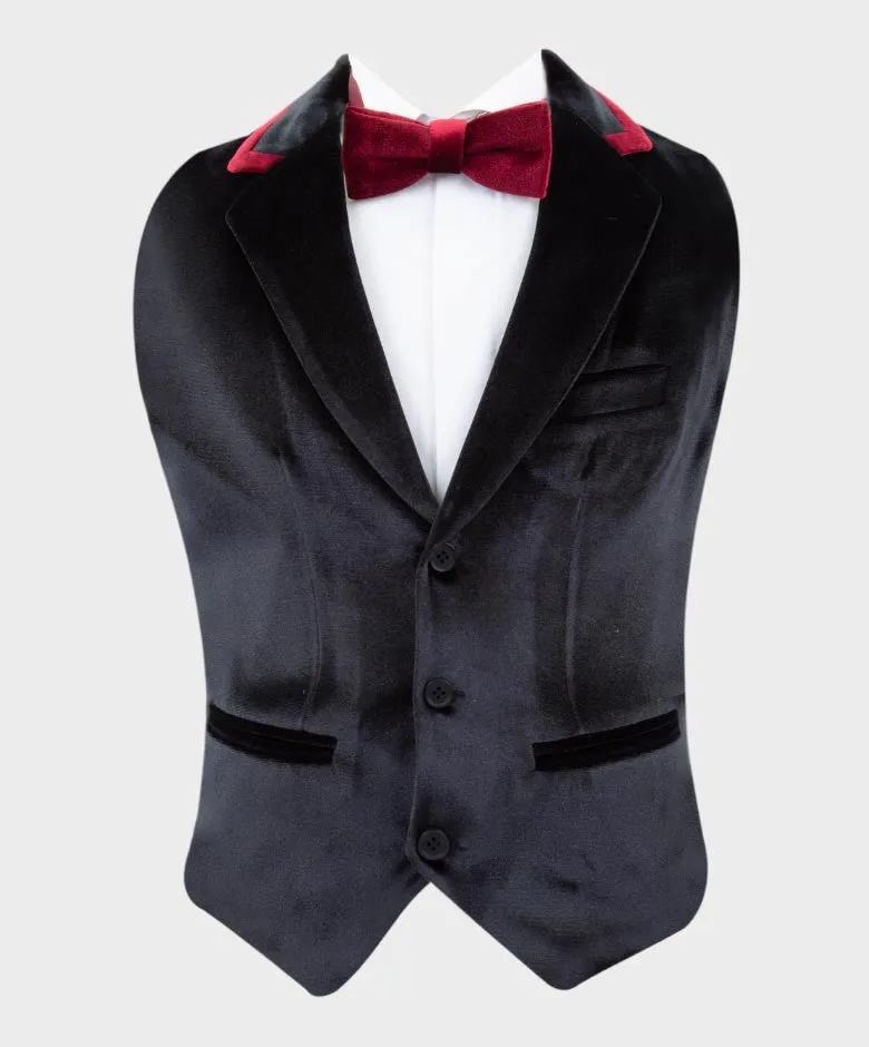 Boys Tailored Fit Velvet Blazer with Elbow Patches - Black
