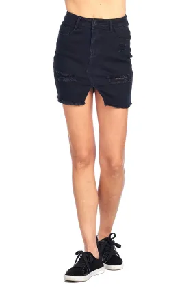 Classic Denim Jean Casual Basic Distress Frayed Asymmetrical Hem Mini Skirt