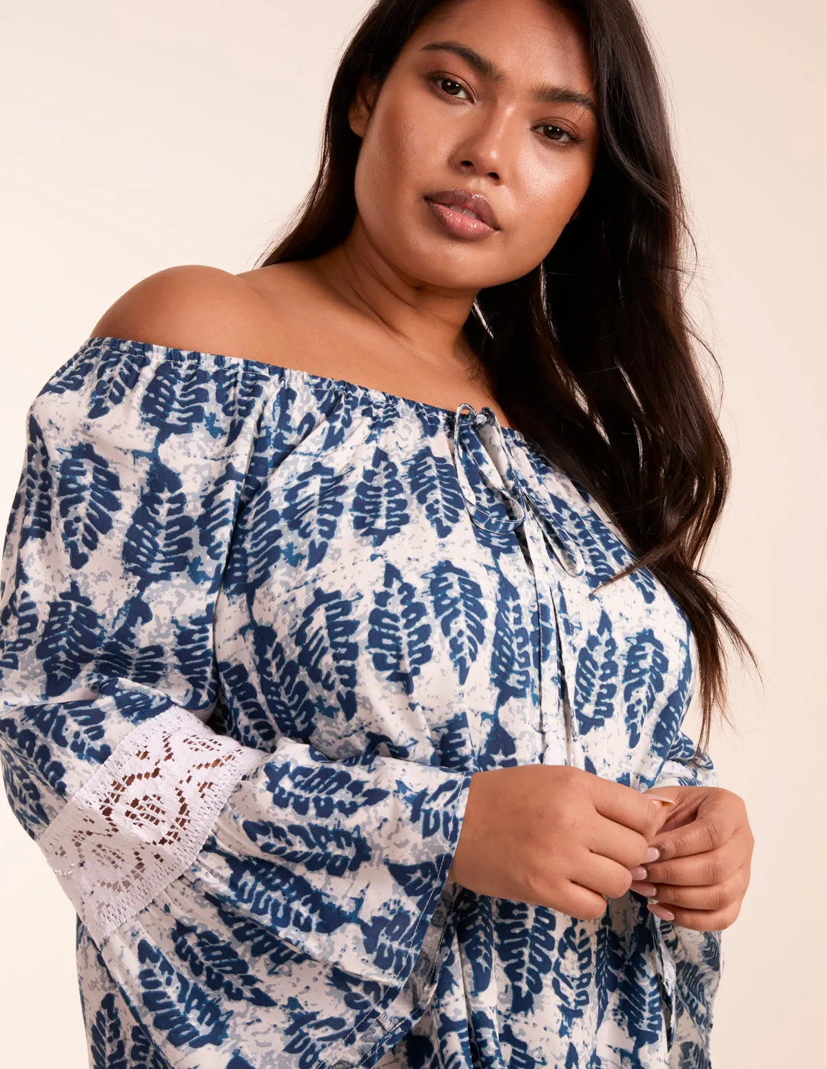 Curve Leaf Print Elasticated Bardot Neck Tunic Dress
