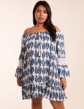 Curve Leaf Print Elasticated Bardot Neck Tunic Dress