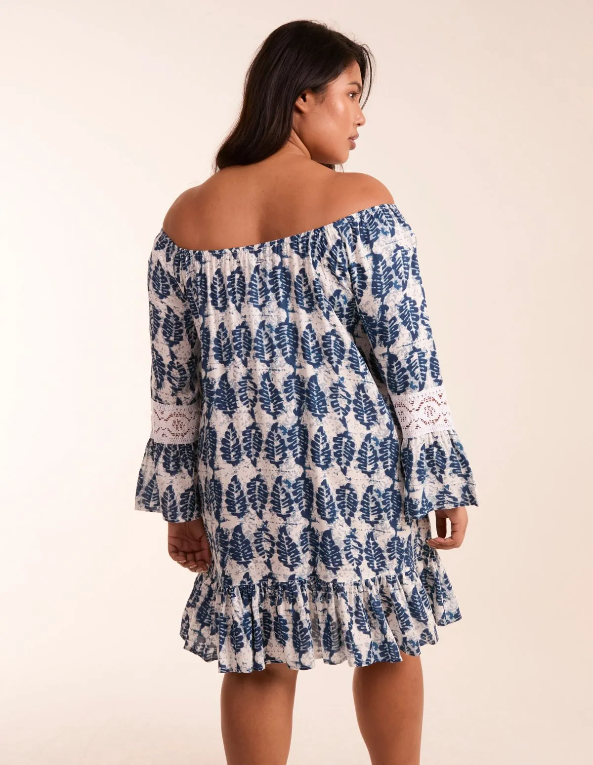Curve Leaf Print Elasticated Bardot Neck Tunic Dress