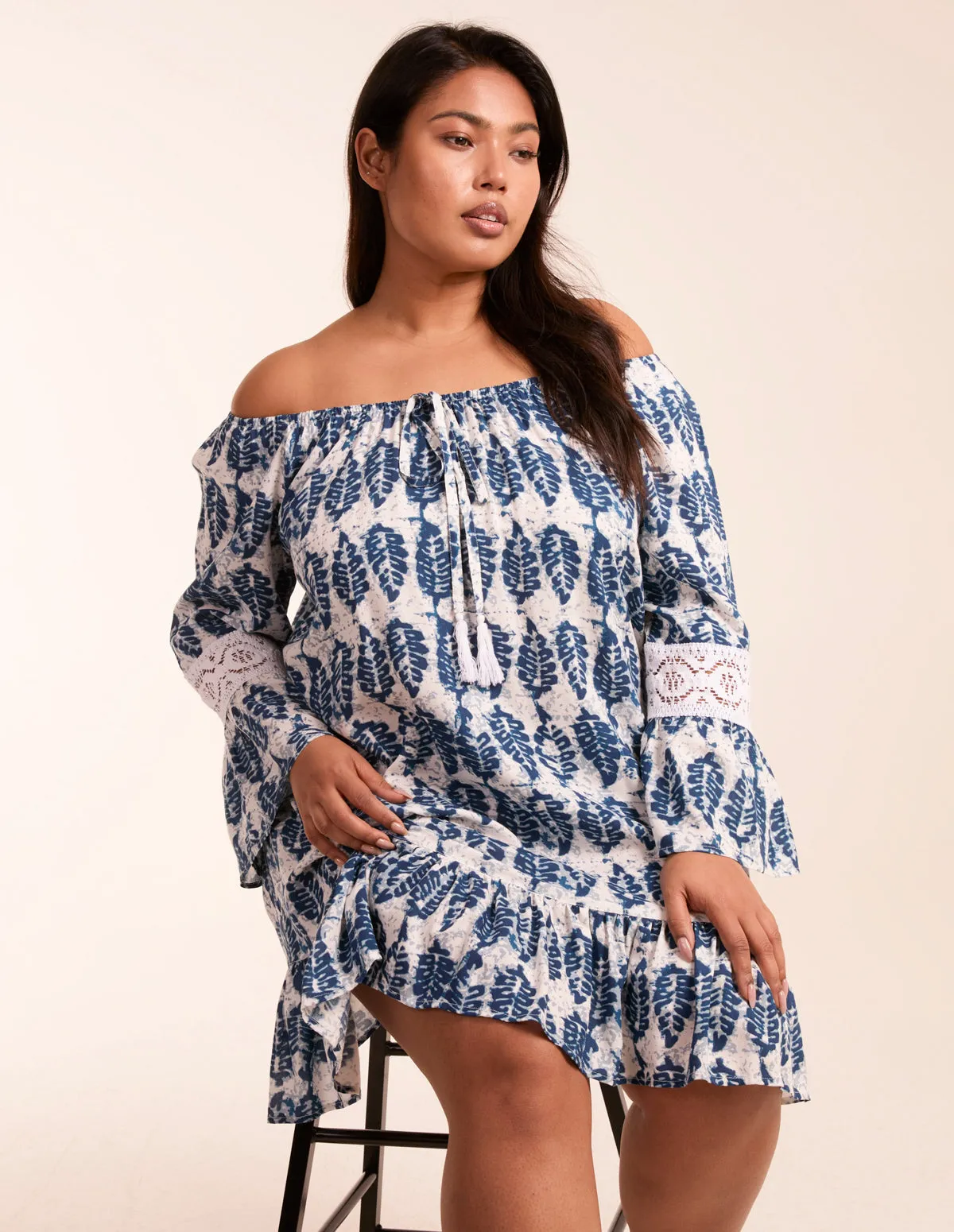 Curve Leaf Print Elasticated Bardot Neck Tunic Dress