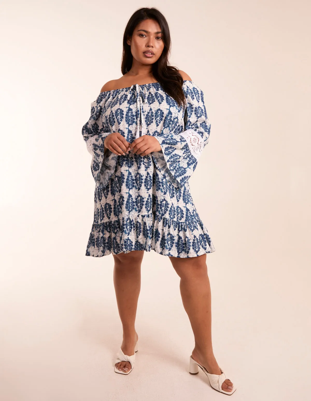 Curve Leaf Print Elasticated Bardot Neck Tunic Dress