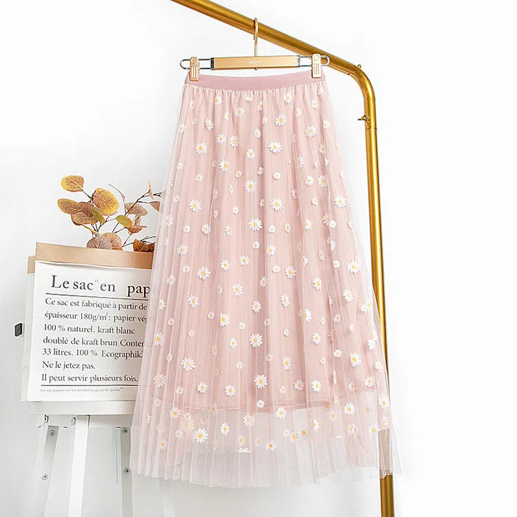 Daisy Mesh Skirt Three Layer High Waist Slim Look Korean Pleated A-Line Fairy Dress Skirt