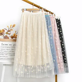 Daisy Mesh Skirt Three Layer High Waist Slim Look Korean Pleated A-Line Fairy Dress Skirt