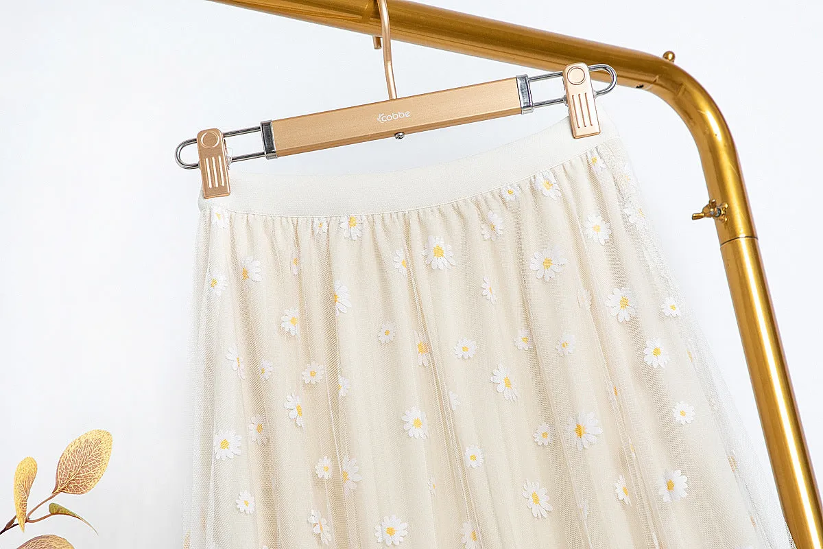Daisy Mesh Skirt Three Layer High Waist Slim Look Korean Pleated A-Line Fairy Dress Skirt