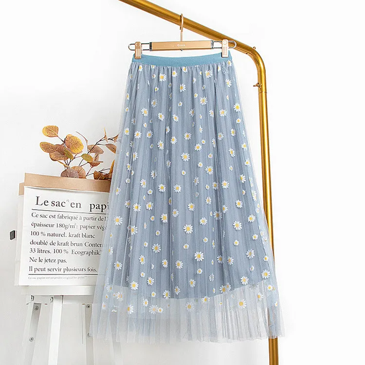 Daisy Mesh Skirt Three Layer High Waist Slim Look Korean Pleated A-Line Fairy Dress Skirt
