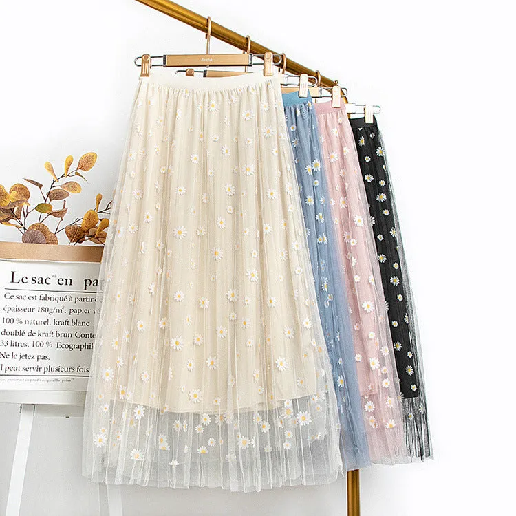 Daisy Mesh Skirt Three Layer High Waist Slim Look Korean Pleated A-Line Fairy Dress Skirt