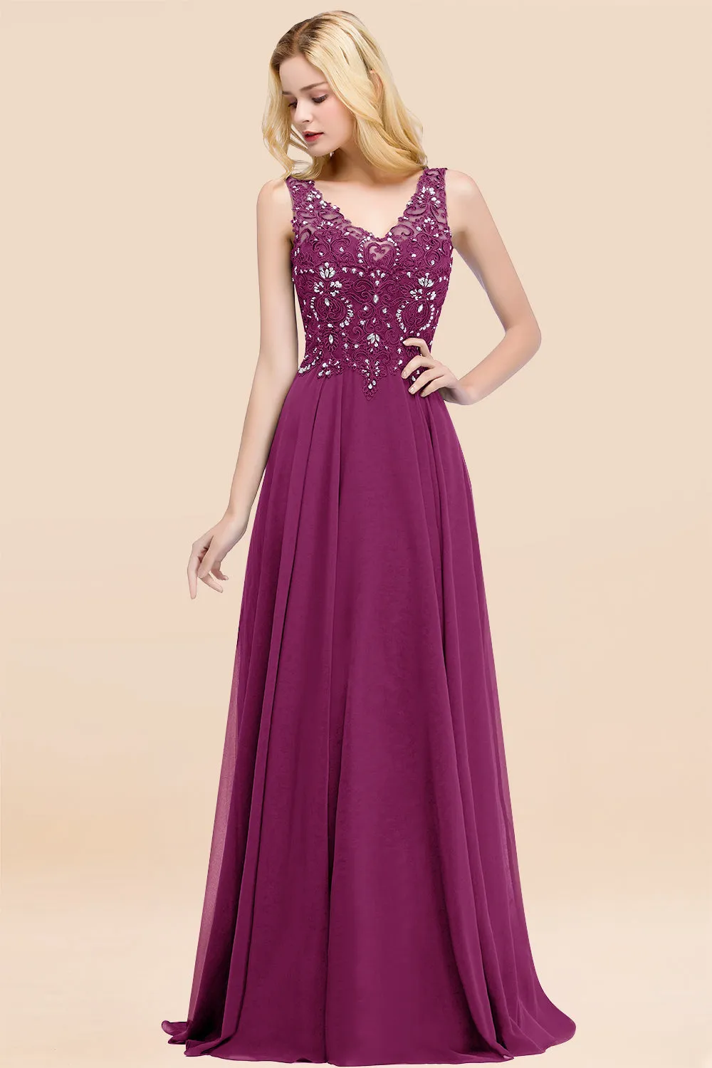 Dusty Rose Long A-line Lace V-Neck Bridesmaid Dresses With Appliques