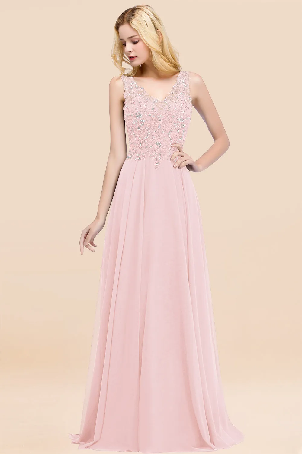 Dusty Rose Long A-line Lace V-Neck Bridesmaid Dresses With Appliques