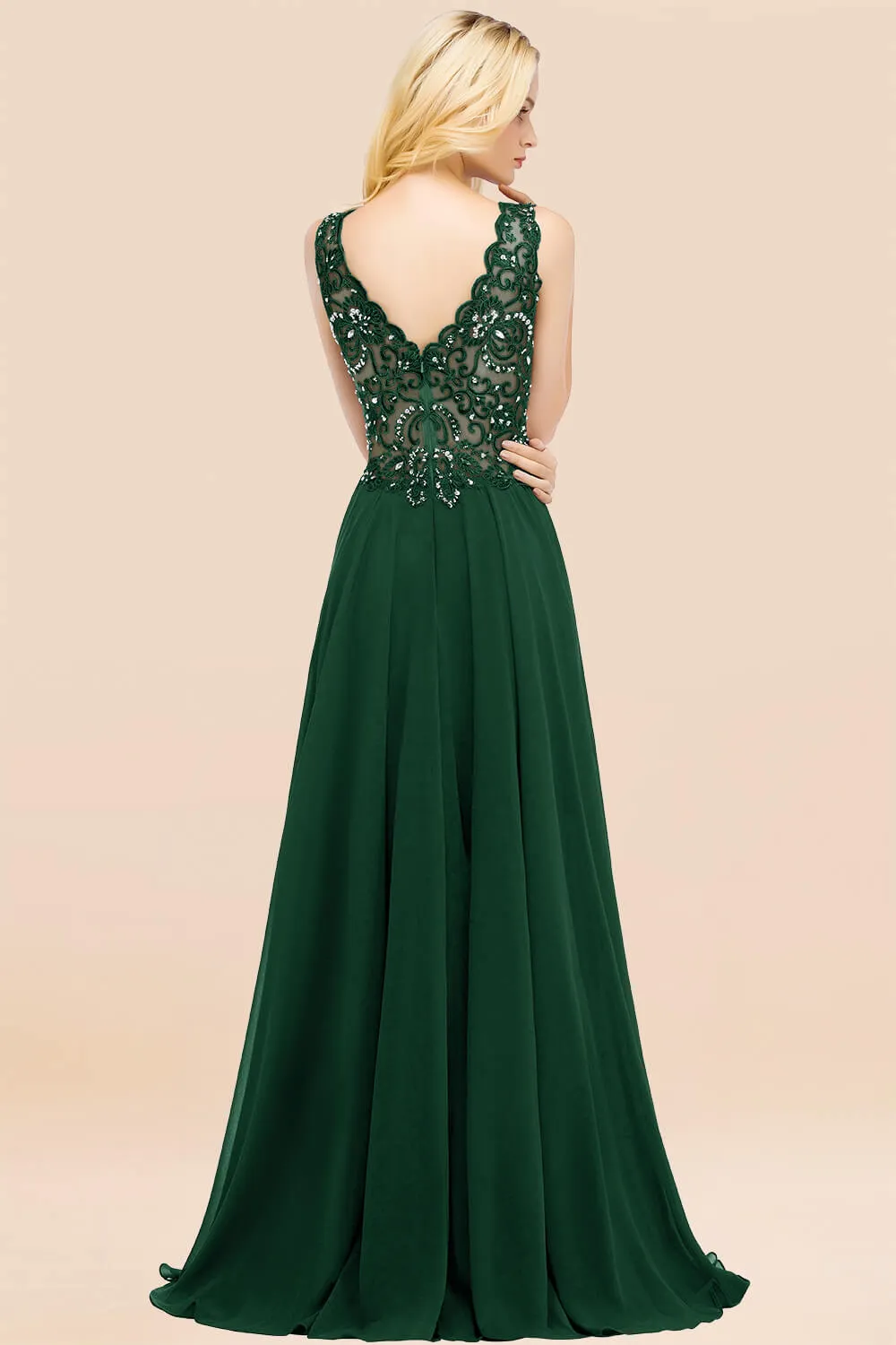 Dusty Rose Long A-line Lace V-Neck Bridesmaid Dresses With Appliques
