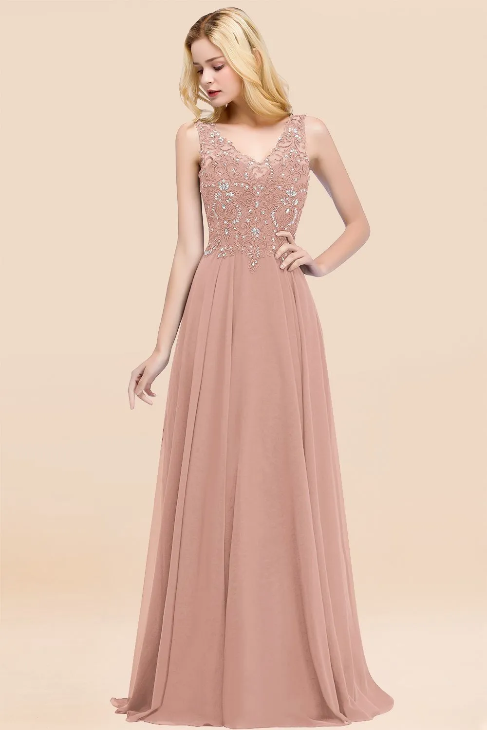 Dusty Rose Long A-line Lace V-Neck Bridesmaid Dresses With Appliques