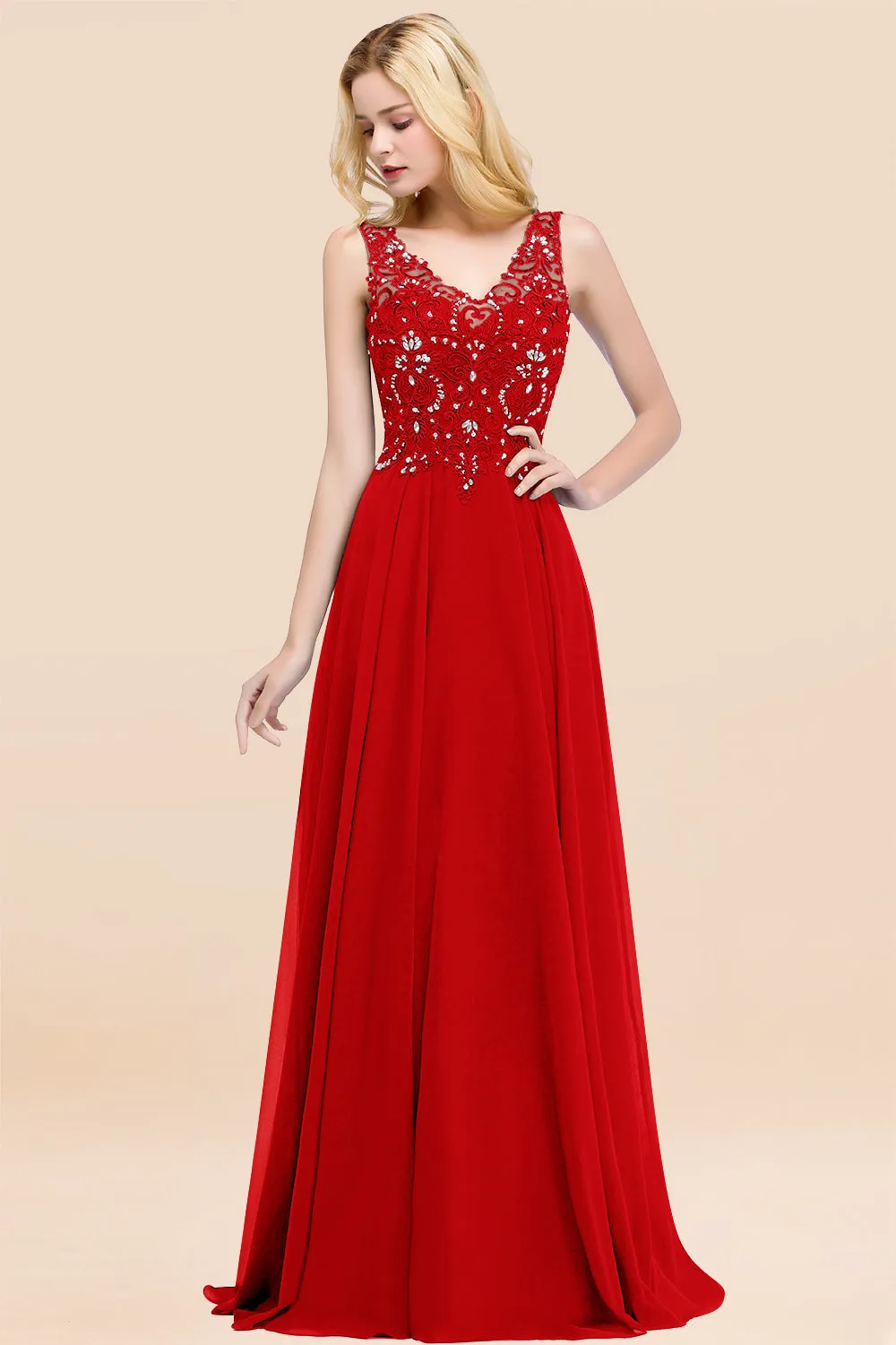 Dusty Rose Long A-line Lace V-Neck Bridesmaid Dresses With Appliques