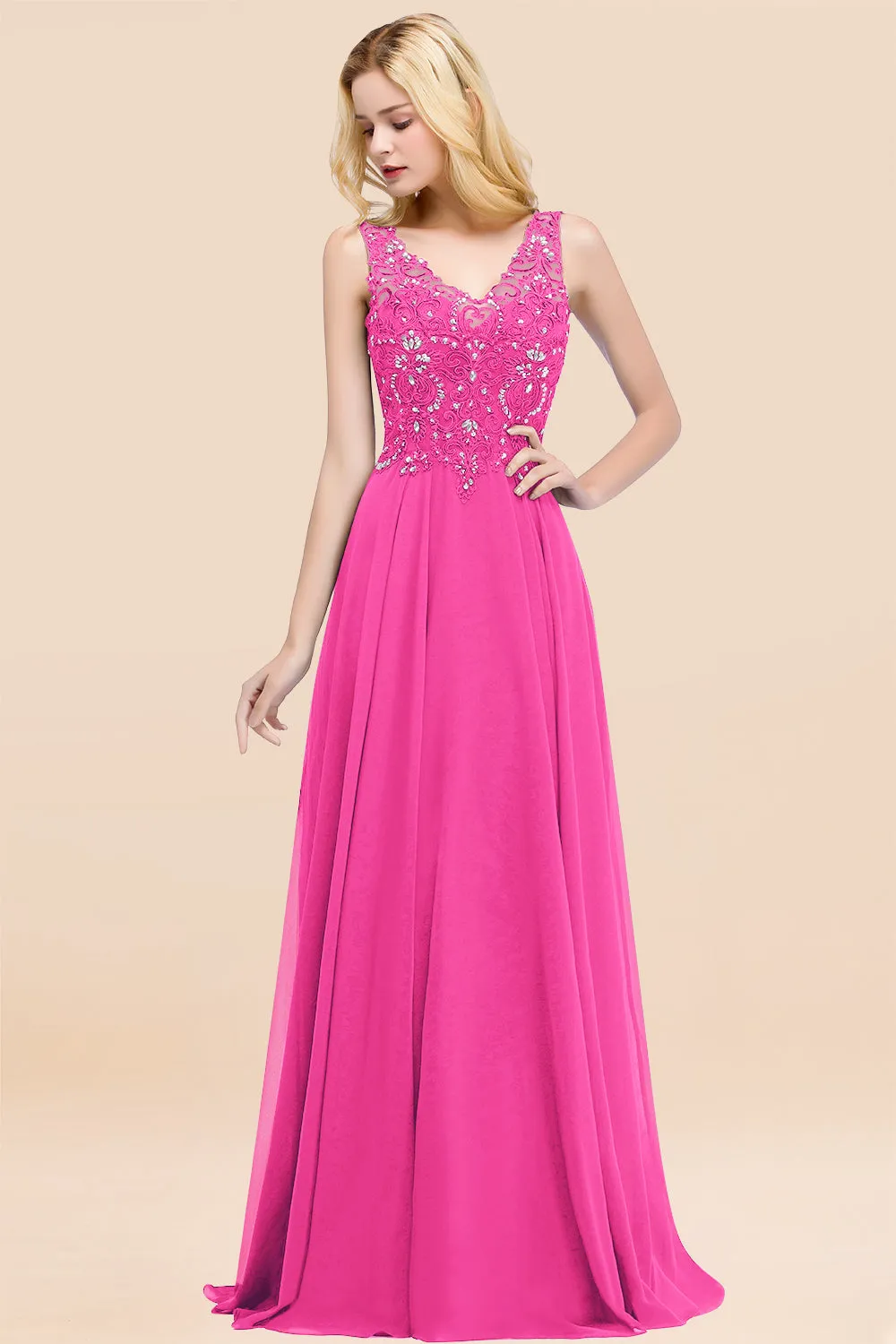Dusty Rose Long A-line Lace V-Neck Bridesmaid Dresses With Appliques