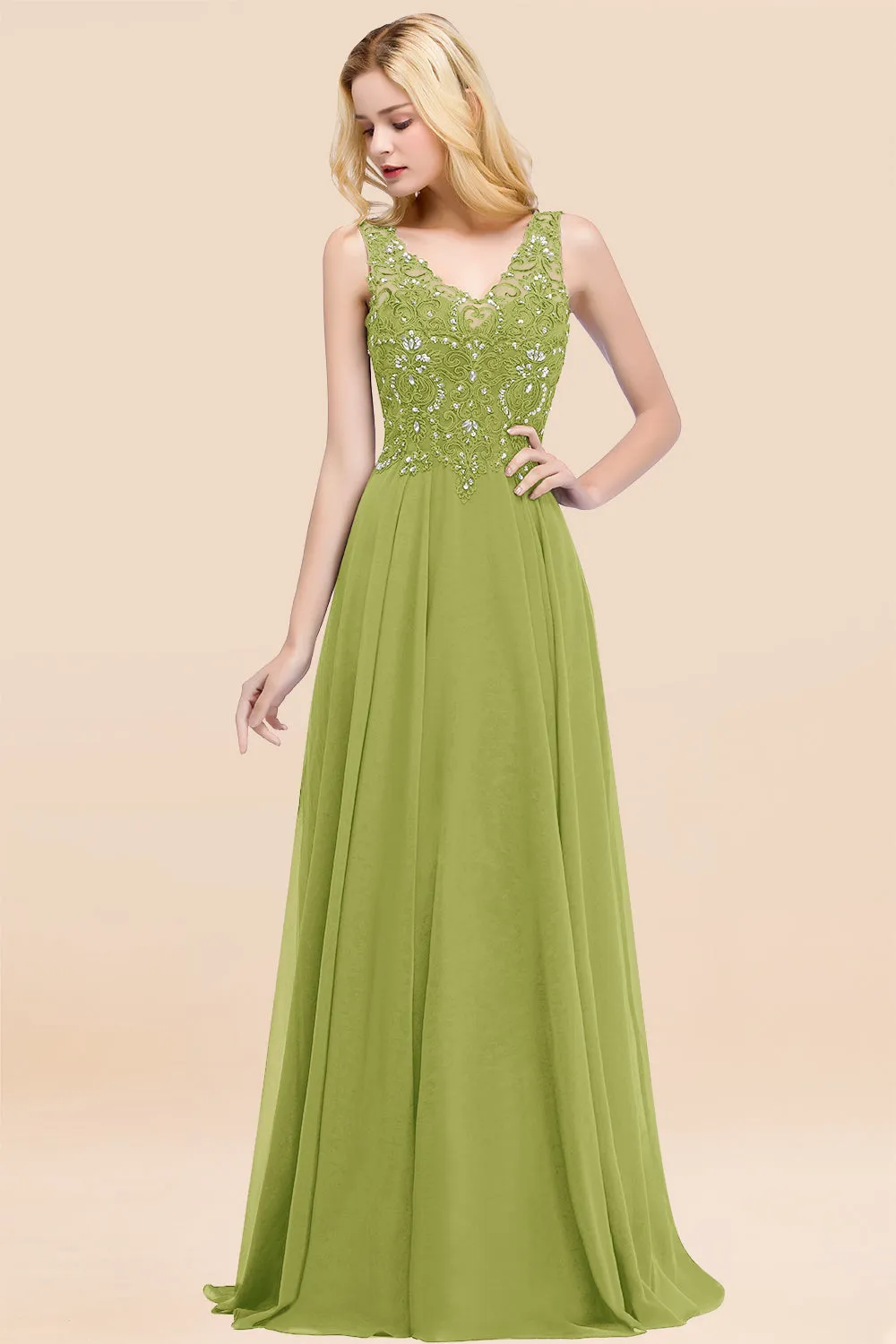 Dusty Rose Long A-line Lace V-Neck Bridesmaid Dresses With Appliques