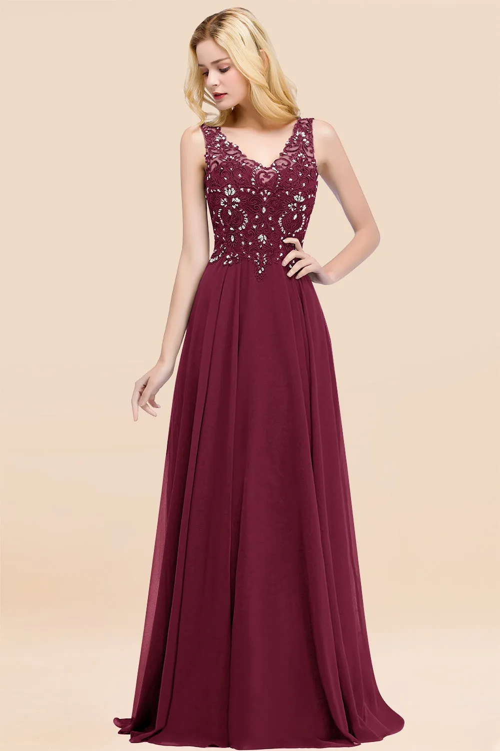 Dusty Rose Long A-line Lace V-Neck Bridesmaid Dresses With Appliques