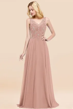 Dusty Rose Long A-line Lace V-Neck Bridesmaid Dresses With Appliques