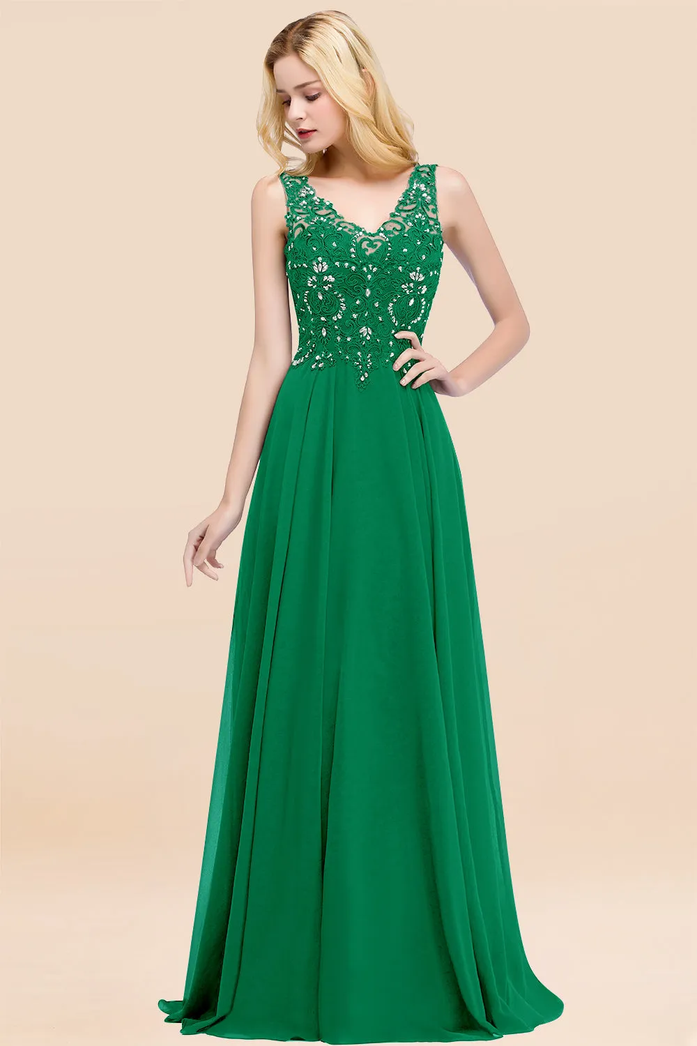 Dusty Rose Long A-line Lace V-Neck Bridesmaid Dresses With Appliques