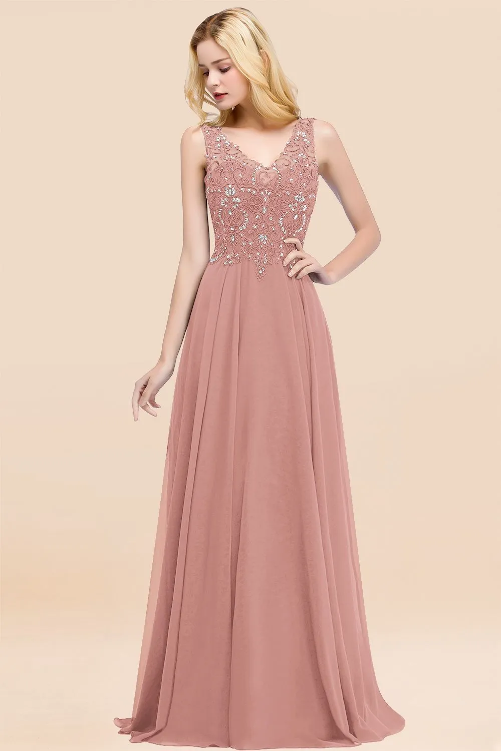 Dusty Rose Long A-line Lace V-Neck Bridesmaid Dresses With Appliques