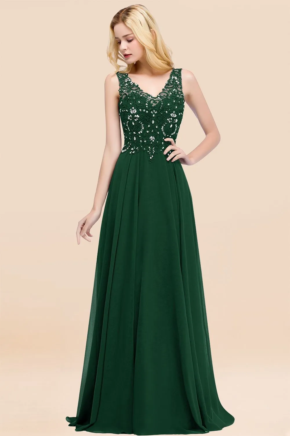 Dusty Rose Long A-line Lace V-Neck Bridesmaid Dresses With Appliques
