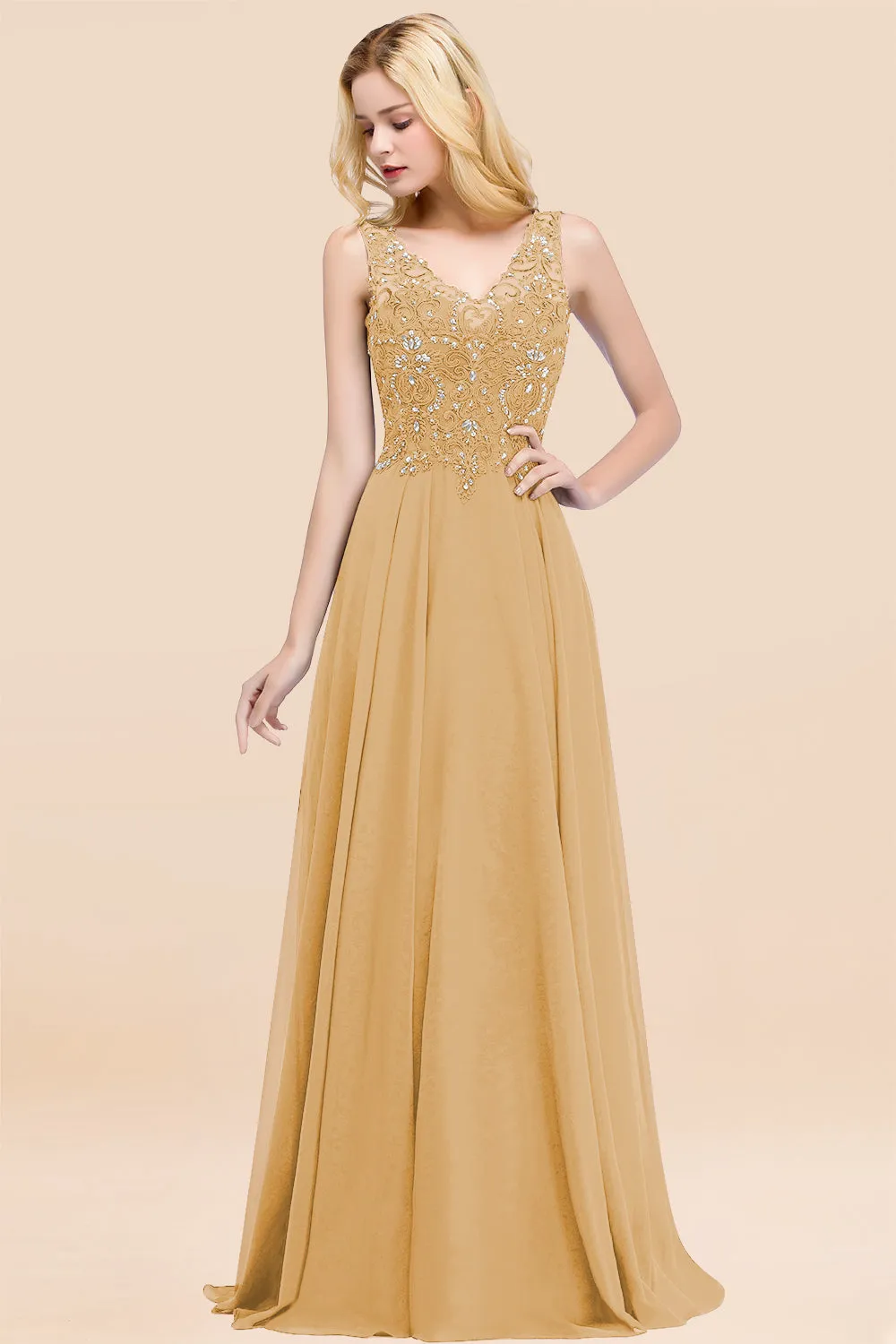 Dusty Rose Long A-line Lace V-Neck Bridesmaid Dresses With Appliques