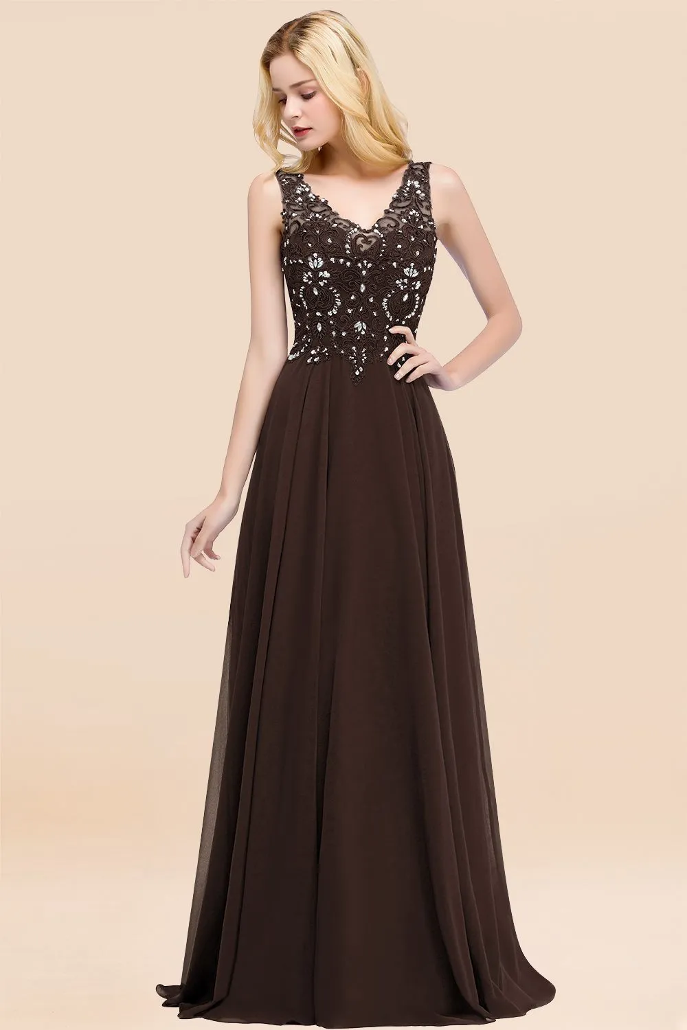 Dusty Rose Long A-line Lace V-Neck Bridesmaid Dresses With Appliques
