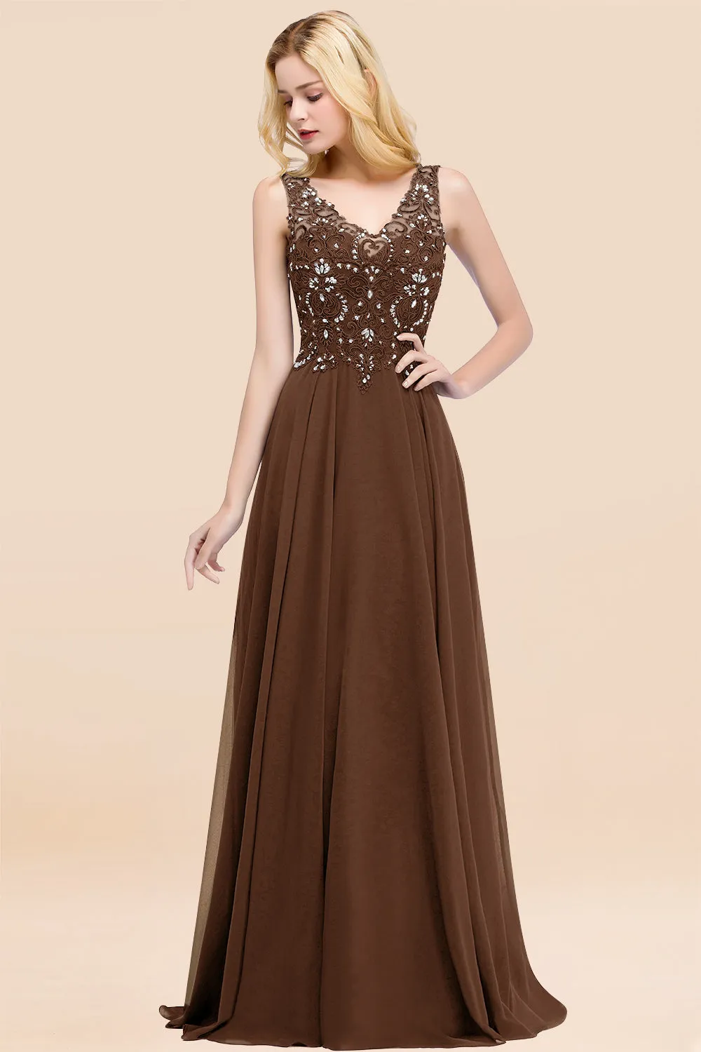 Dusty Rose Long A-line Lace V-Neck Bridesmaid Dresses With Appliques