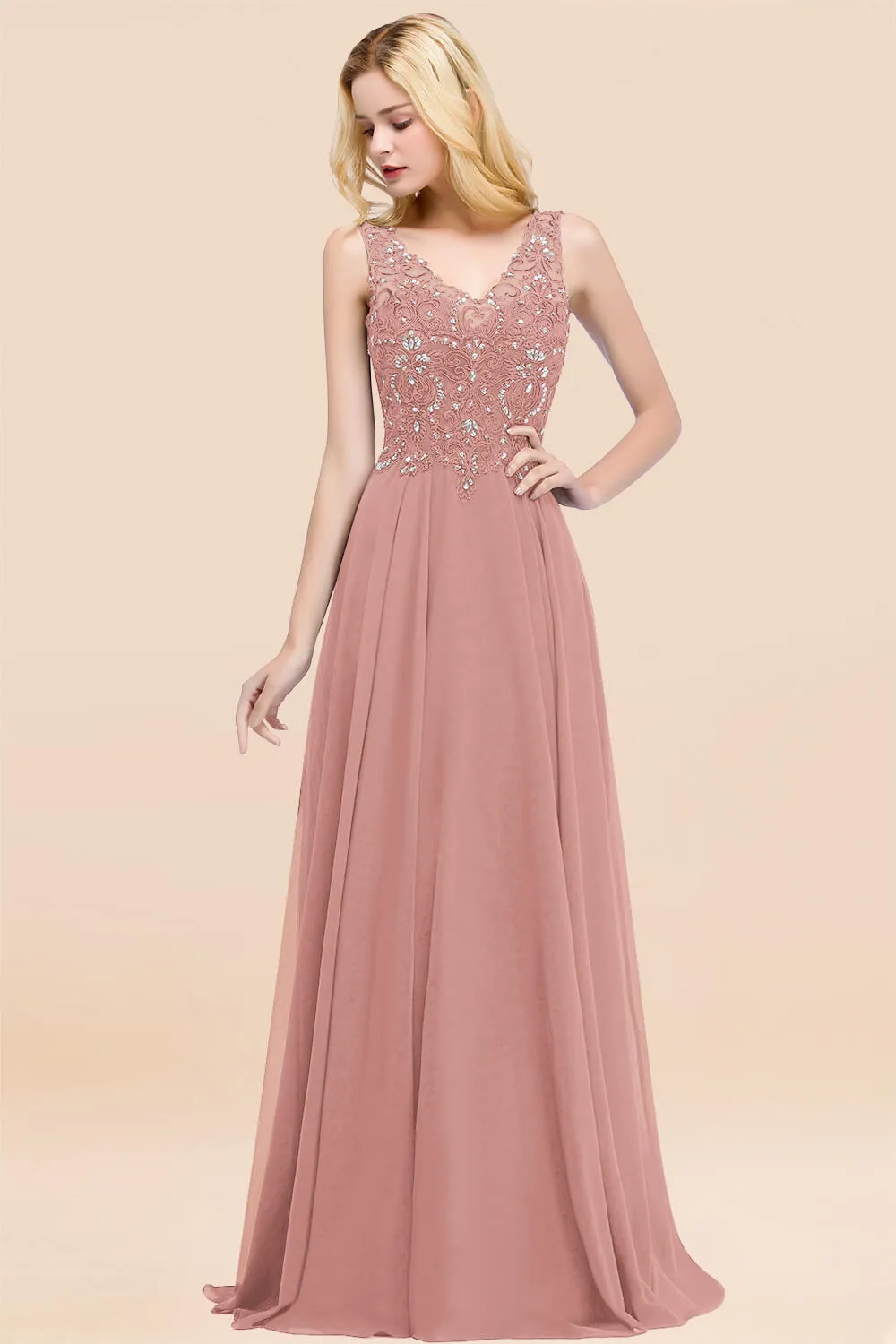 Dusty Rose Long A-line Lace V-Neck Bridesmaid Dresses With Appliques