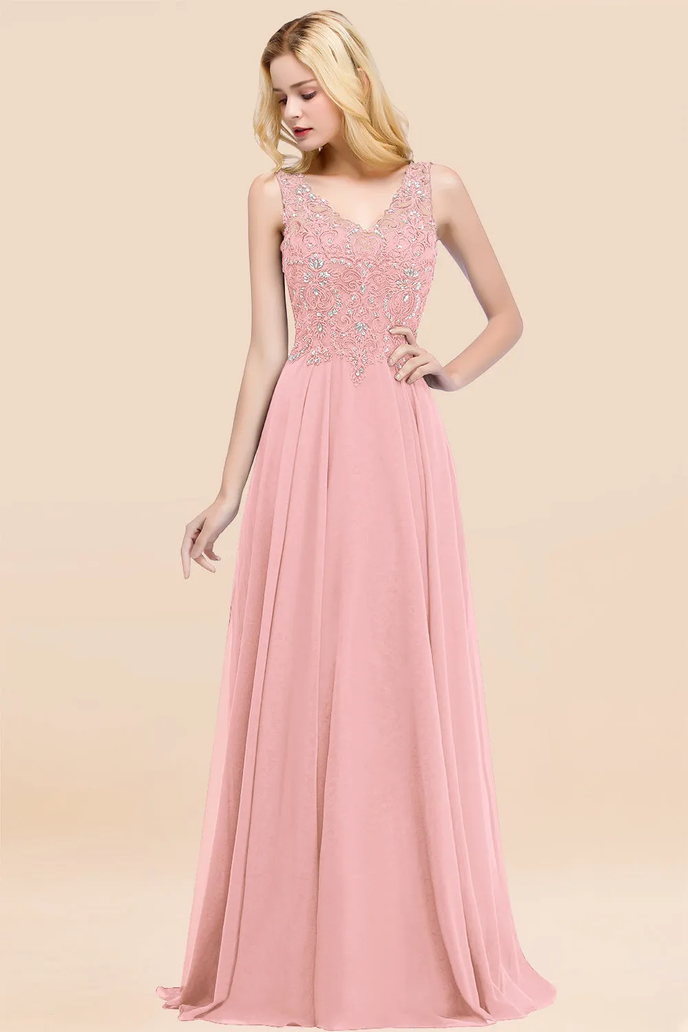 Dusty Rose Long A-line Lace V-Neck Bridesmaid Dresses With Appliques