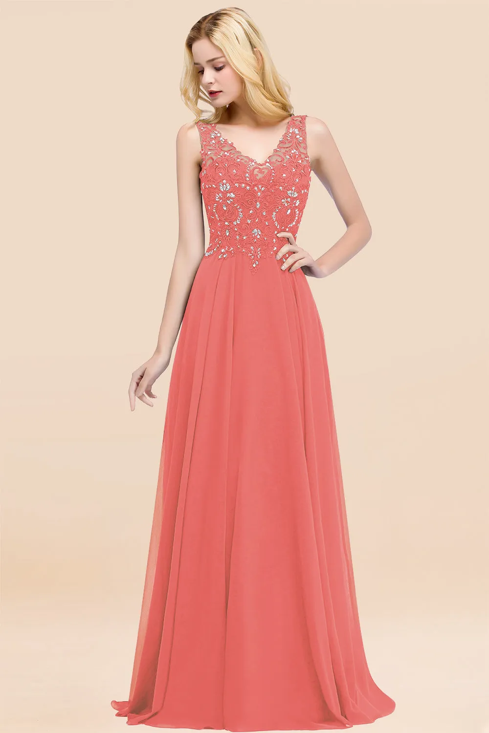 Dusty Rose Long A-line Lace V-Neck Bridesmaid Dresses With Appliques