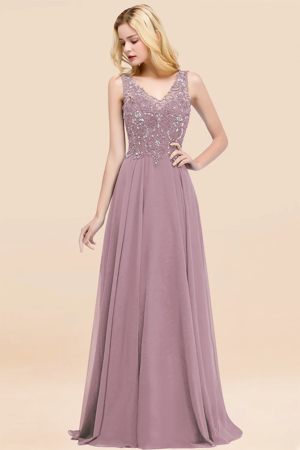 Dusty Rose Long A-line Lace V-Neck Bridesmaid Dresses With Appliques