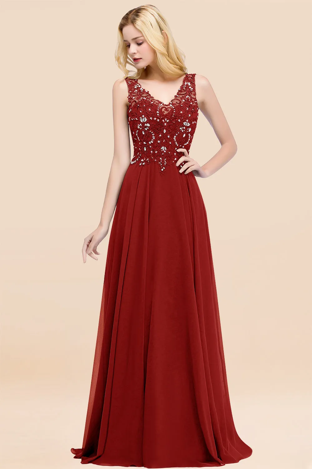 Dusty Rose Long A-line Lace V-Neck Bridesmaid Dresses With Appliques