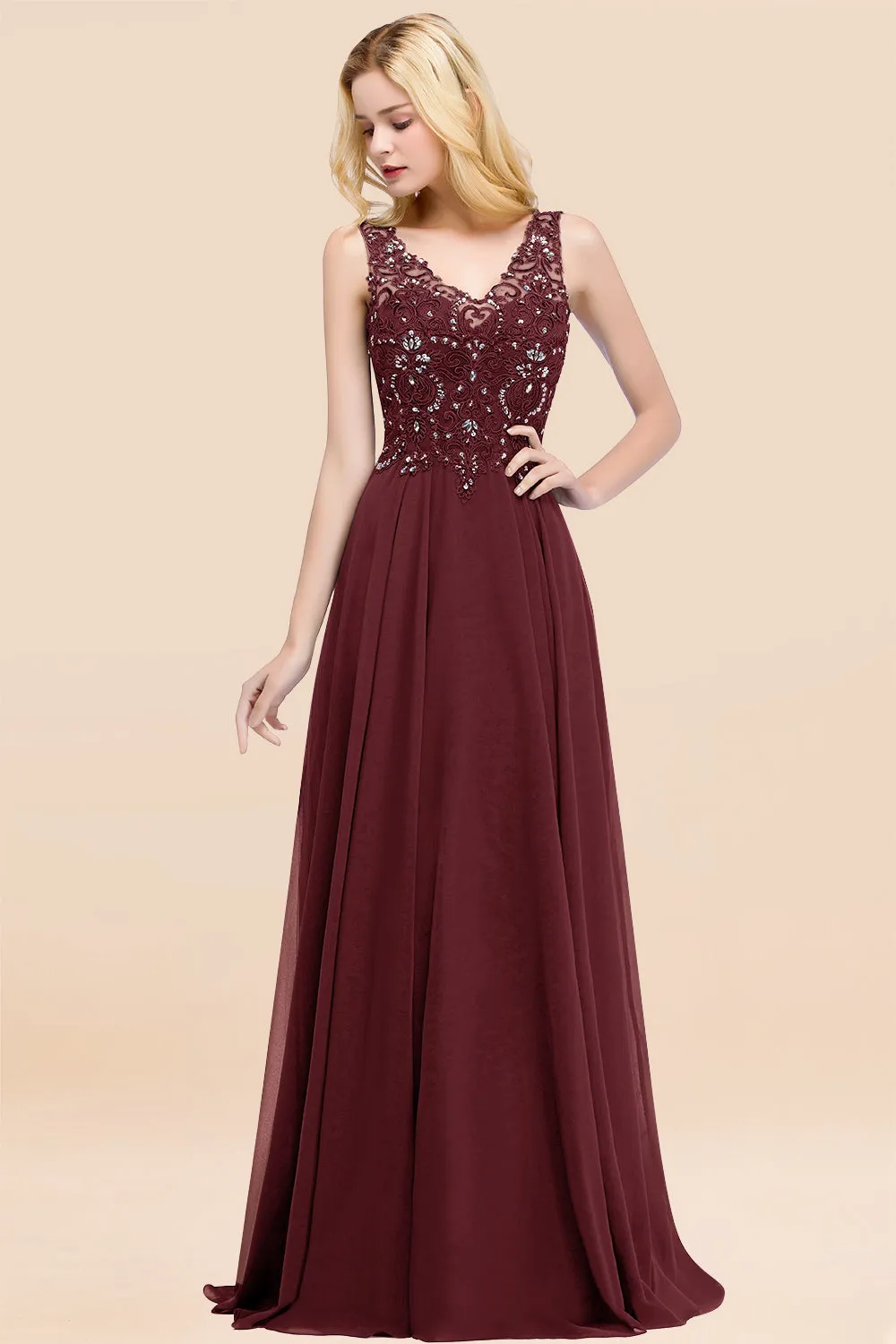 Dusty Rose Long A-line Lace V-Neck Bridesmaid Dresses With Appliques
