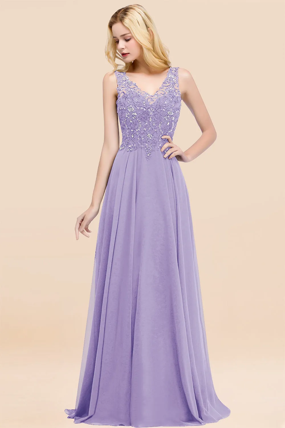 Dusty Rose Long A-line Lace V-Neck Bridesmaid Dresses With Appliques