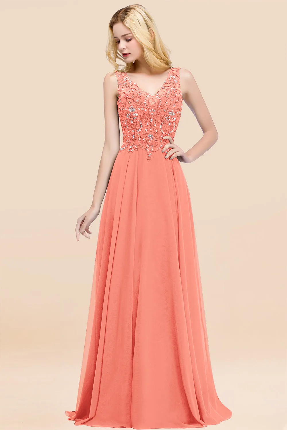 Dusty Rose Long A-line Lace V-Neck Bridesmaid Dresses With Appliques