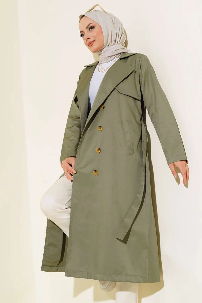 Eight-Button Belted Trench Coat Khaki