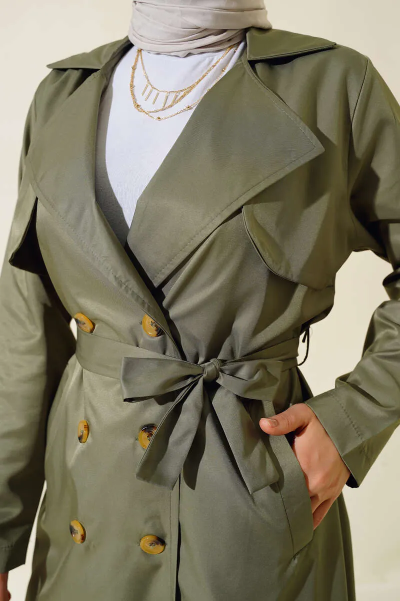 Eight-Button Belted Trench Coat Khaki