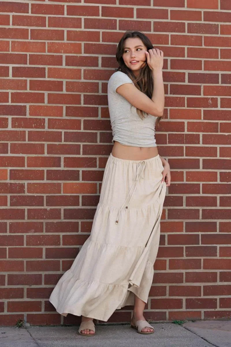 Flowy Tiered Maxi Linen Skirt - Oatmeal