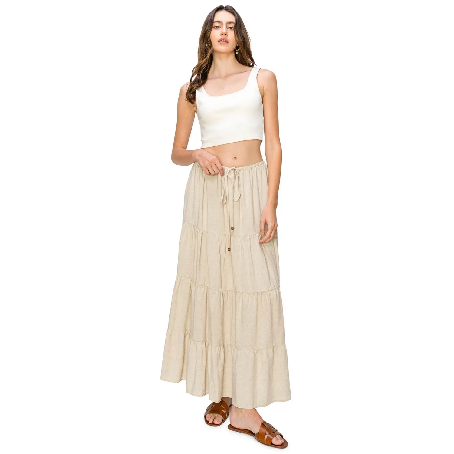 Flowy Tiered Maxi Linen Skirt - Oatmeal