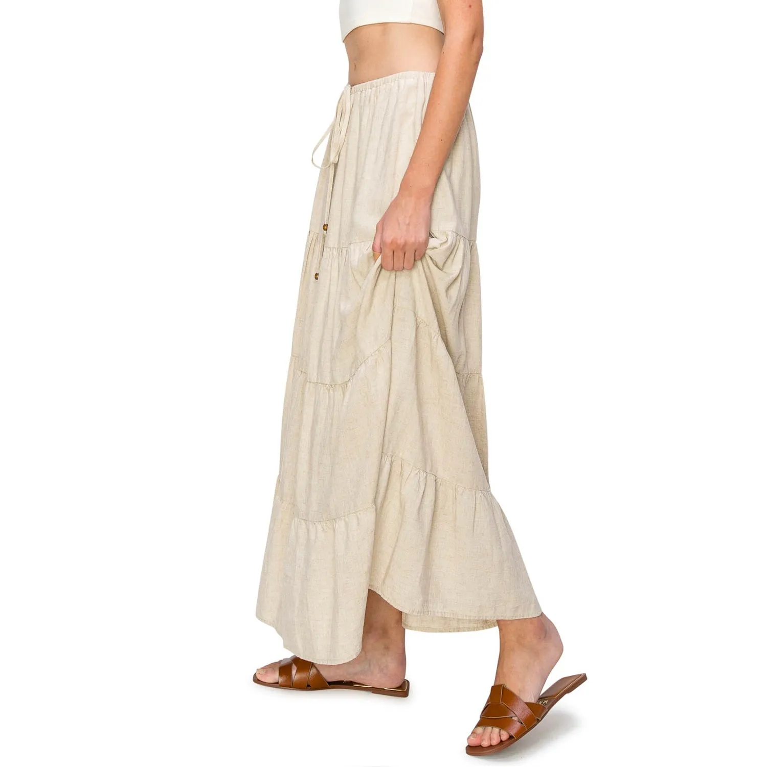 Flowy Tiered Maxi Linen Skirt - Oatmeal