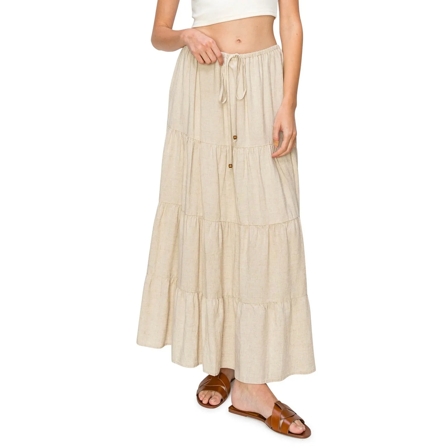 Flowy Tiered Maxi Linen Skirt - Oatmeal