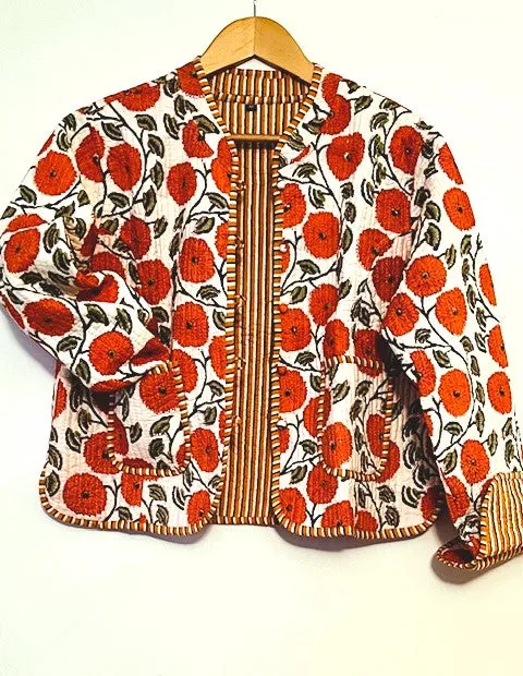 Fresh and Bright, Reversible Quilted Womens Jacket With Stripe Piping Is Inviting (Red)